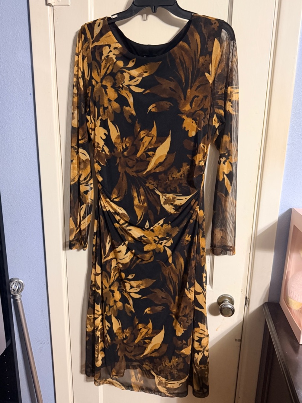 connected apparel Black and Mustard Floral Long-Sleeve Sheer Overlay Dress